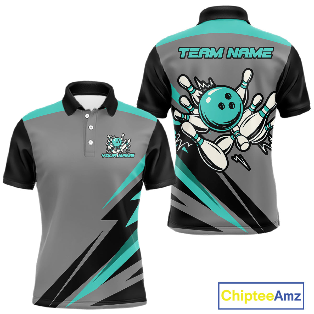 Personalized Gray and Turquoise Bowling Team Shirts Custom Bowling Polo, Quarter Zip Shirts