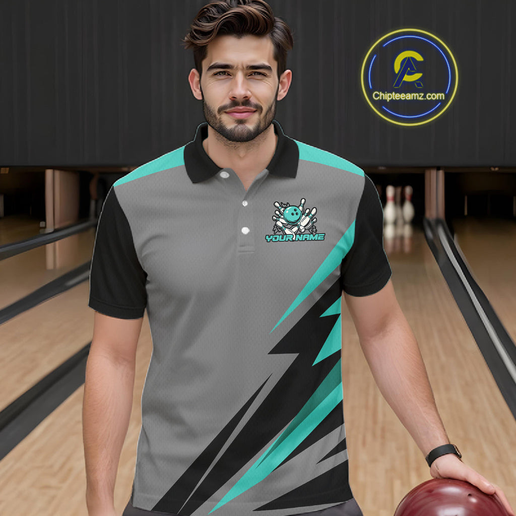 Personalized Gray and Turquoise Bowling Team Shirts Custom Bowling Polo, Quarter Zip Shirts