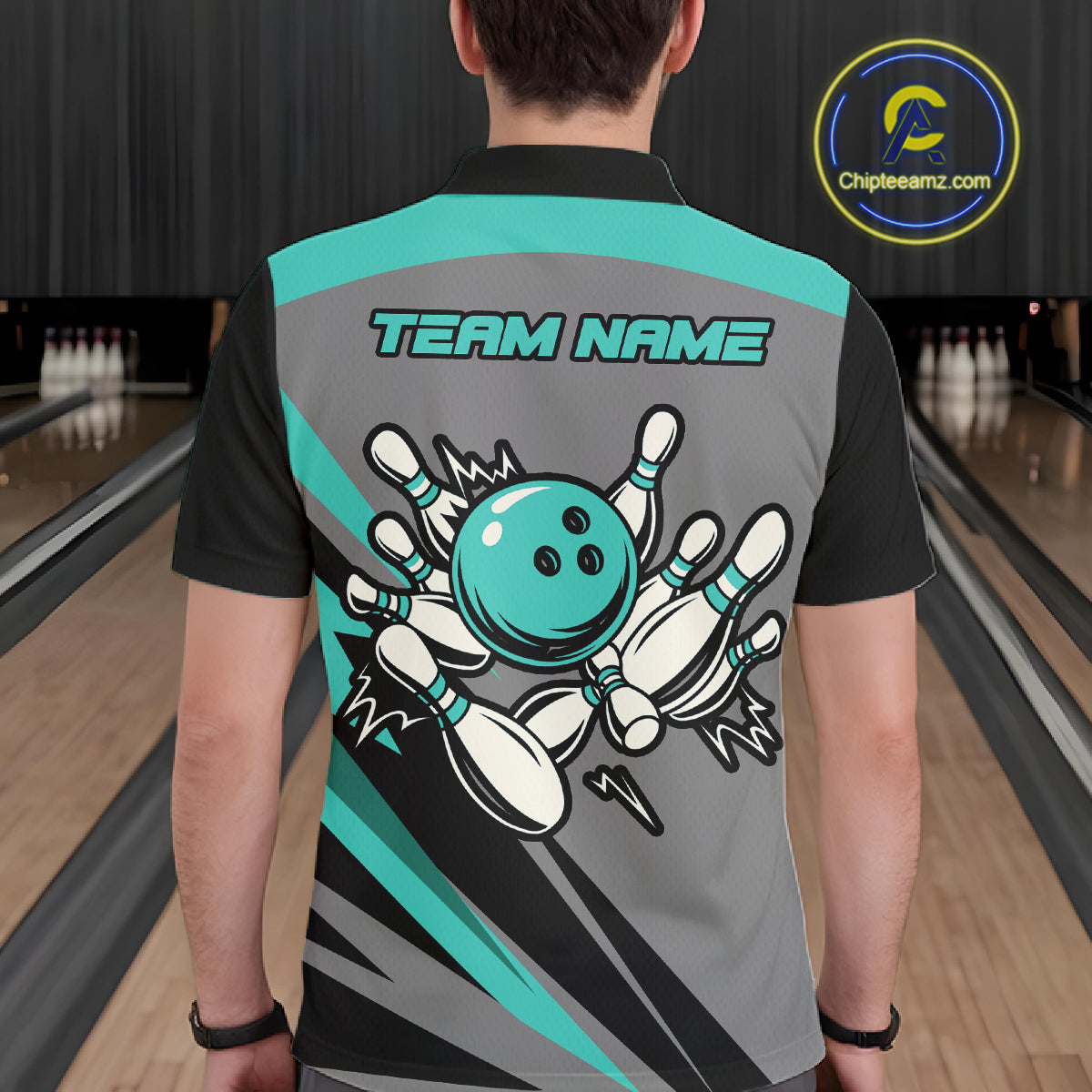 Personalized Gray and Turquoise Bowling Team Shirts Custom Bowling Polo, Quarter Zip Shirts