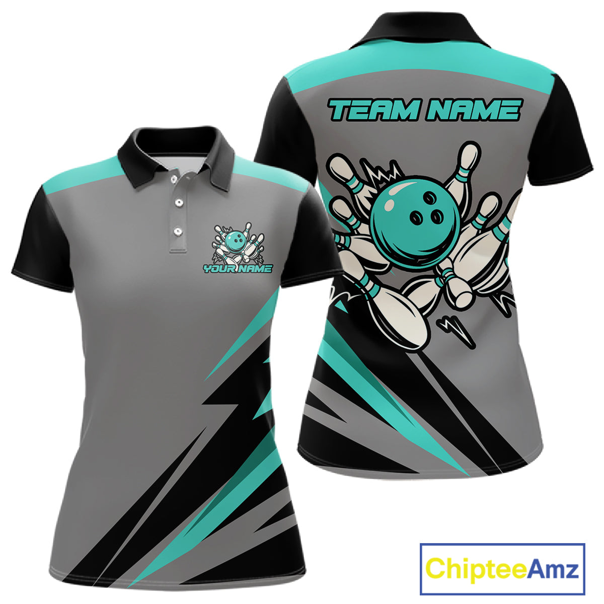 Personalized Gray and Turquoise Bowling Team Shirts Custom Bowling Polo, Quarter Zip Shirts