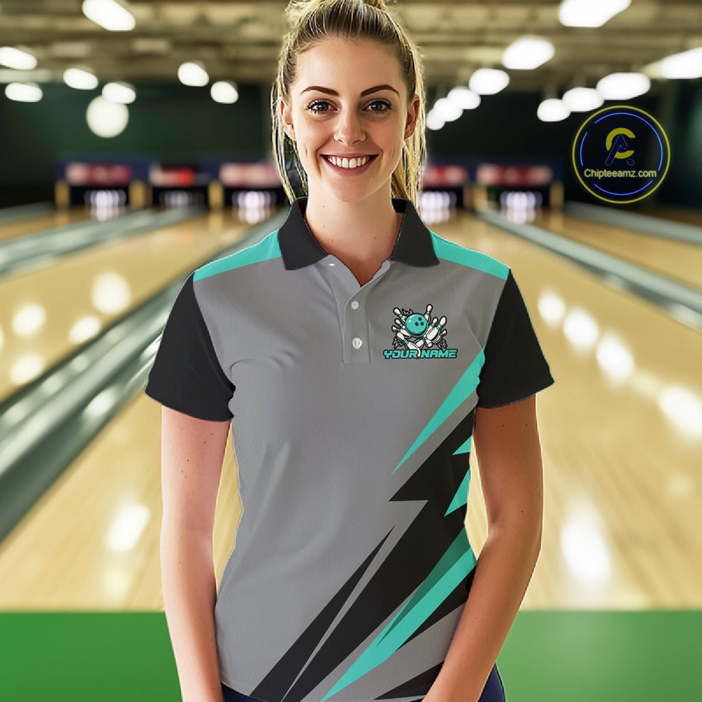 Personalized Gray and Turquoise Bowling Team Shirts Custom Bowling Polo, Quarter Zip Shirts