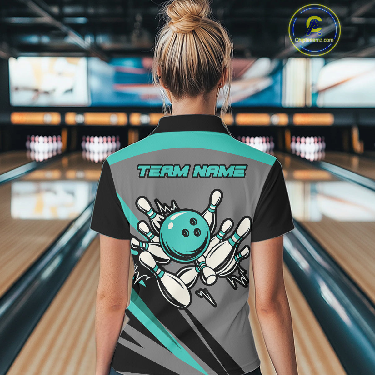 Personalized Gray and Turquoise Bowling Team Shirts Custom Bowling Polo, Quarter Zip Shirts