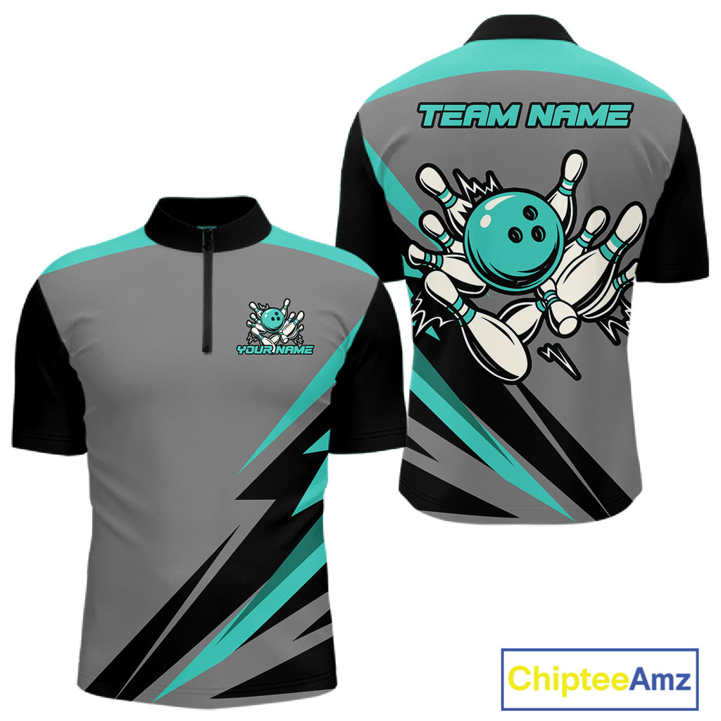 Personalized Gray and Turquoise Bowling Team Shirts Custom Bowling Polo, Quarter Zip Shirts