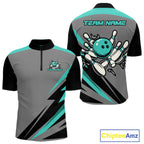 Personalized Gray and Turquoise Bowling Team Shirts Custom Bowling Polo, Quarter Zip Shirts