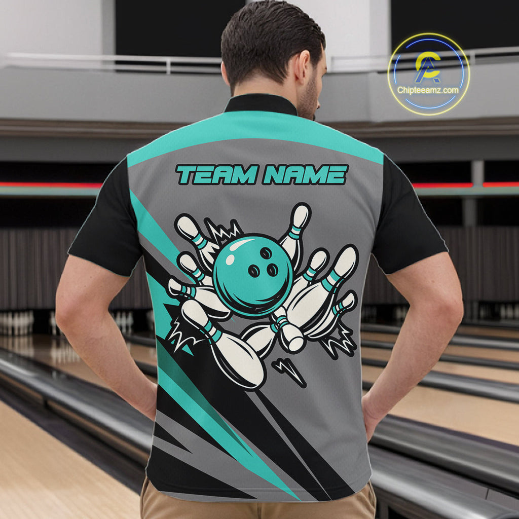 Personalized Gray and Turquoise Bowling Team Shirts Custom Bowling Polo, Quarter Zip Shirts