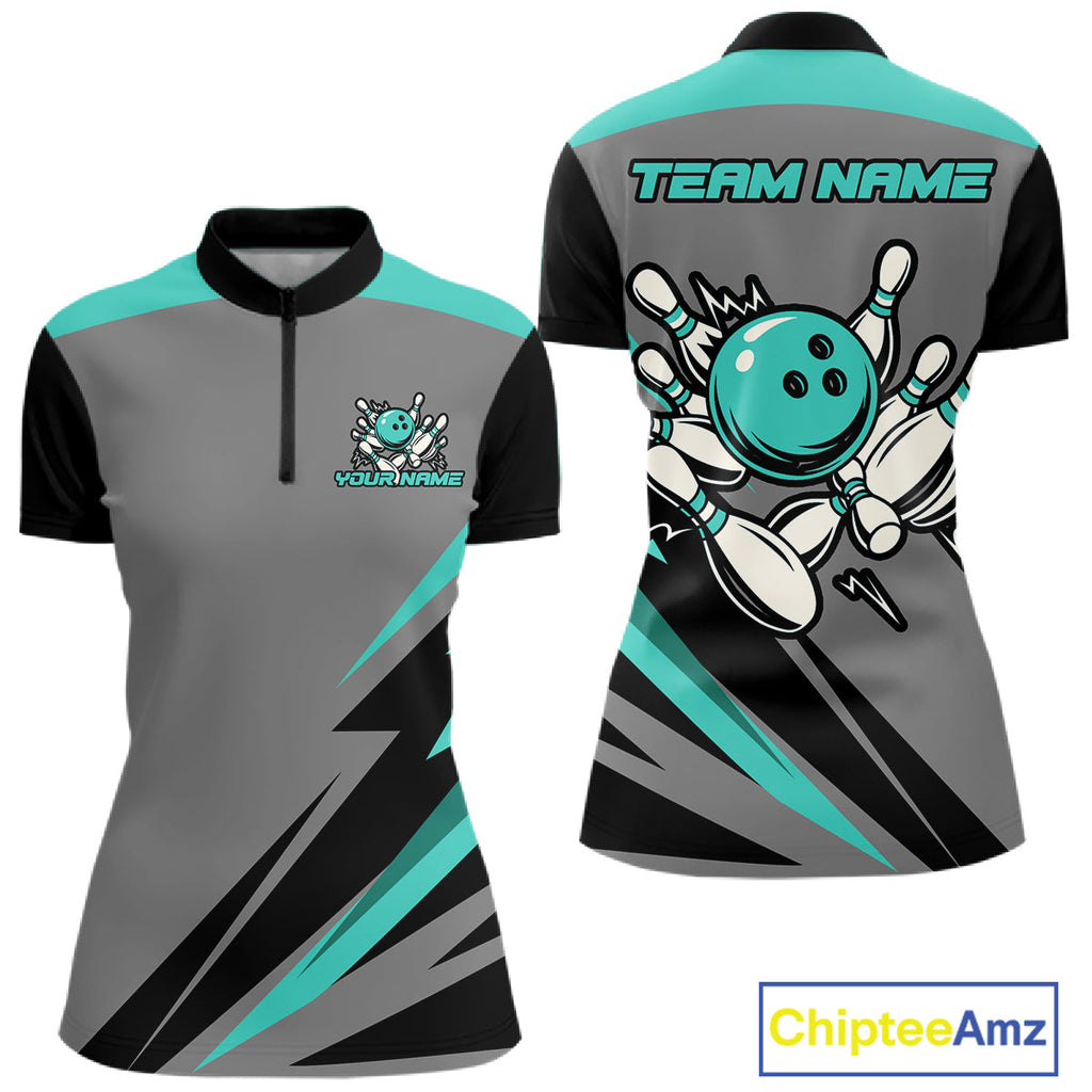 Personalized Gray and Turquoise Bowling Team Shirts Custom Bowling Polo, Quarter Zip Shirts