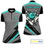 Personalized Gray and Turquoise Bowling Team Shirts Custom Bowling Polo, Quarter Zip Shirts
