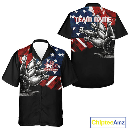 Personalized American Flag Bowling Team Hawaiian Shirts, Patriotic Bowling Gifts