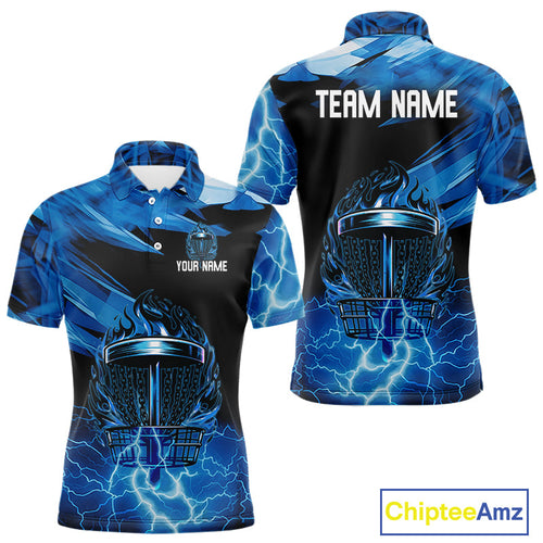 Black and Blue Flame Lightning Thunder Disc golf polo shirts Custom disc golf attire