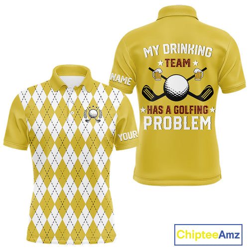 Yellow argyle pattern Beer Golf Polo Shirts Custom My drinking team has a golfing problem