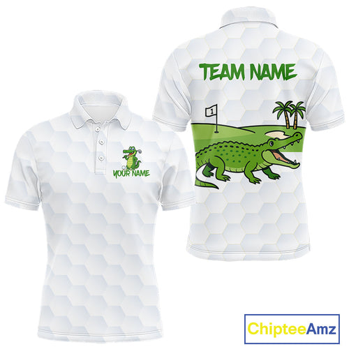 White and Green Funny Alligator Golf Polo Shirts custom golf outfit, golfing gifts