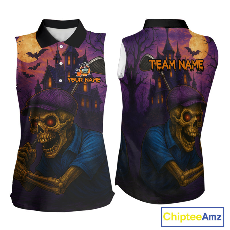 Funny Skull Halloween Sleeveless Golf Polo Shirts Custom Halloween golf top
