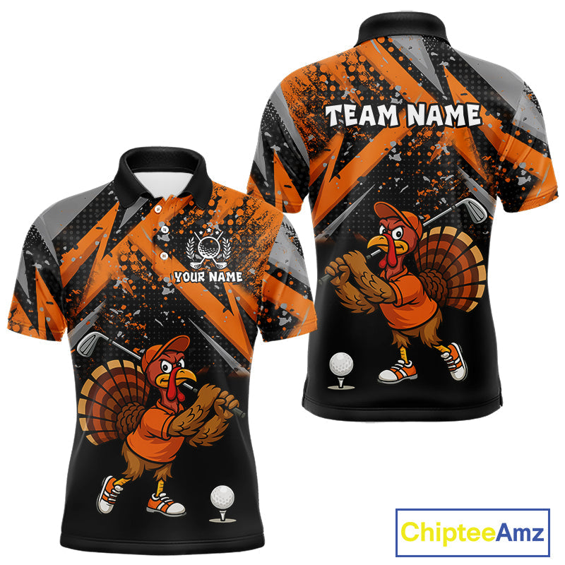 Custom Funny Turkey Golf tops Black & Orange camo Thanksgiving Golf polo shirt