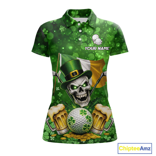 Custom Funny Skull Golf and Beer Ireland Flag Green St Patrick Team Golf Polo shirts