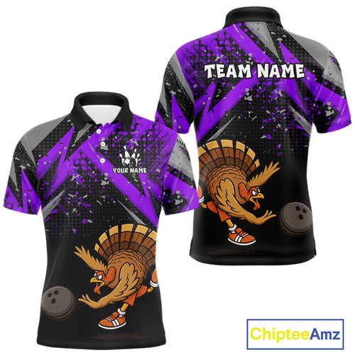 Custom Funny Turkey Bowling Jersey Black and Purple Thanksgiving Bowling Team Polo, 1/4 Zip Shirt