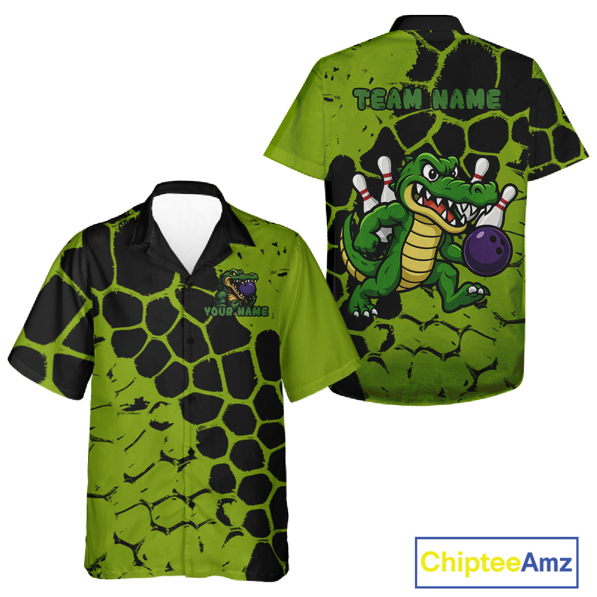 Black and Green Funny Alligator Bowling Hawaiian Shirt, Alligator Bowling Team Jersey