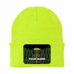 Green Forest Disc Golf basket custom name Rectangle Patch Disc Golf Knit Beanie Hat