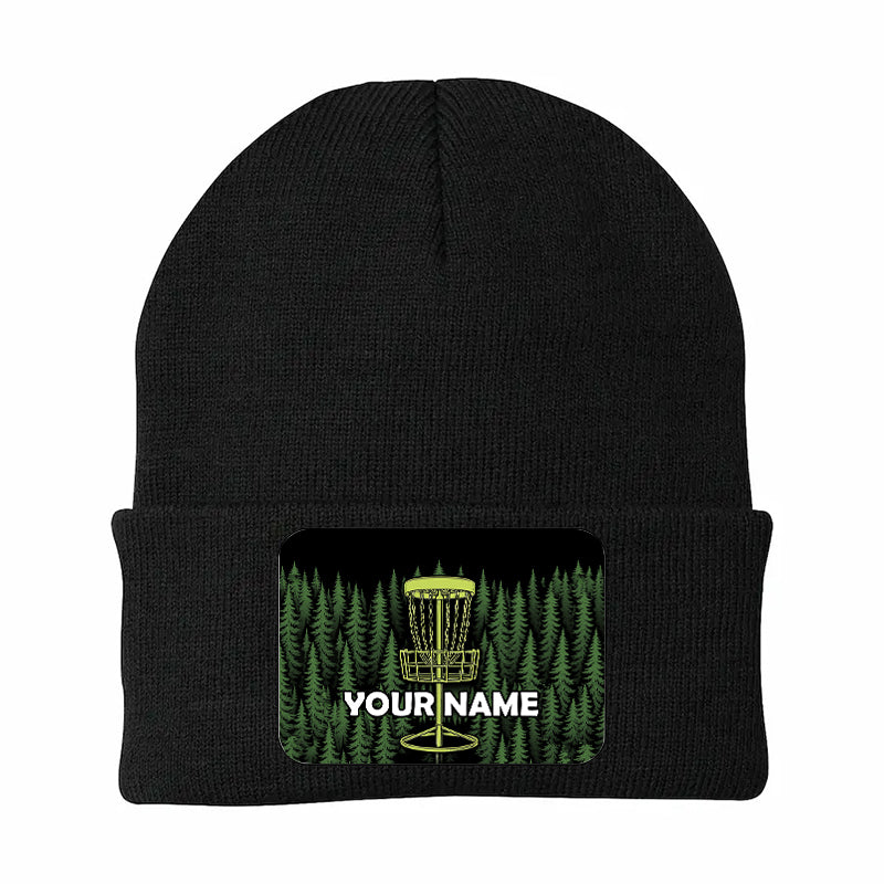 Green Forest Disc Golf basket custom name Rectangle Patch Disc Golf Knit Beanie Hat