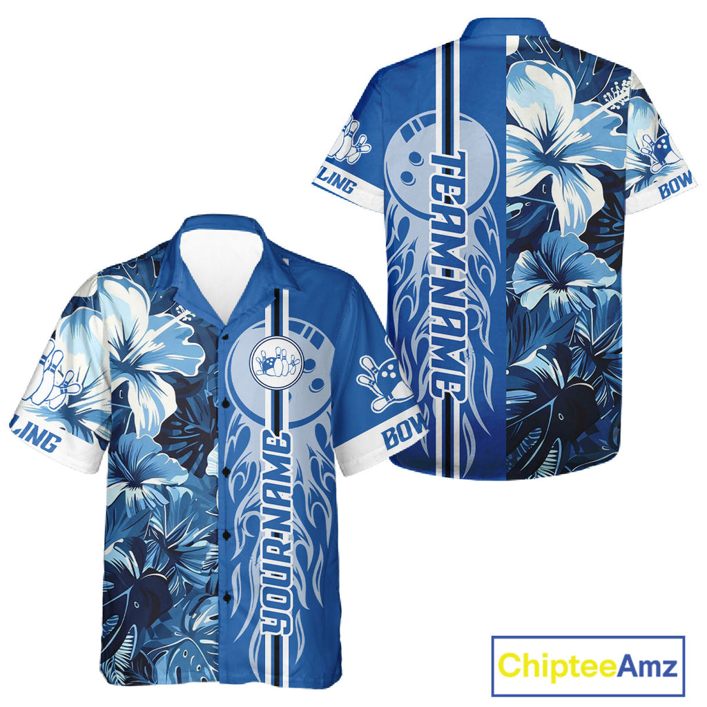 Blue tropical flower Flame Hawaiian Bowling Jersey Custom Bowler Gift Bowling Team