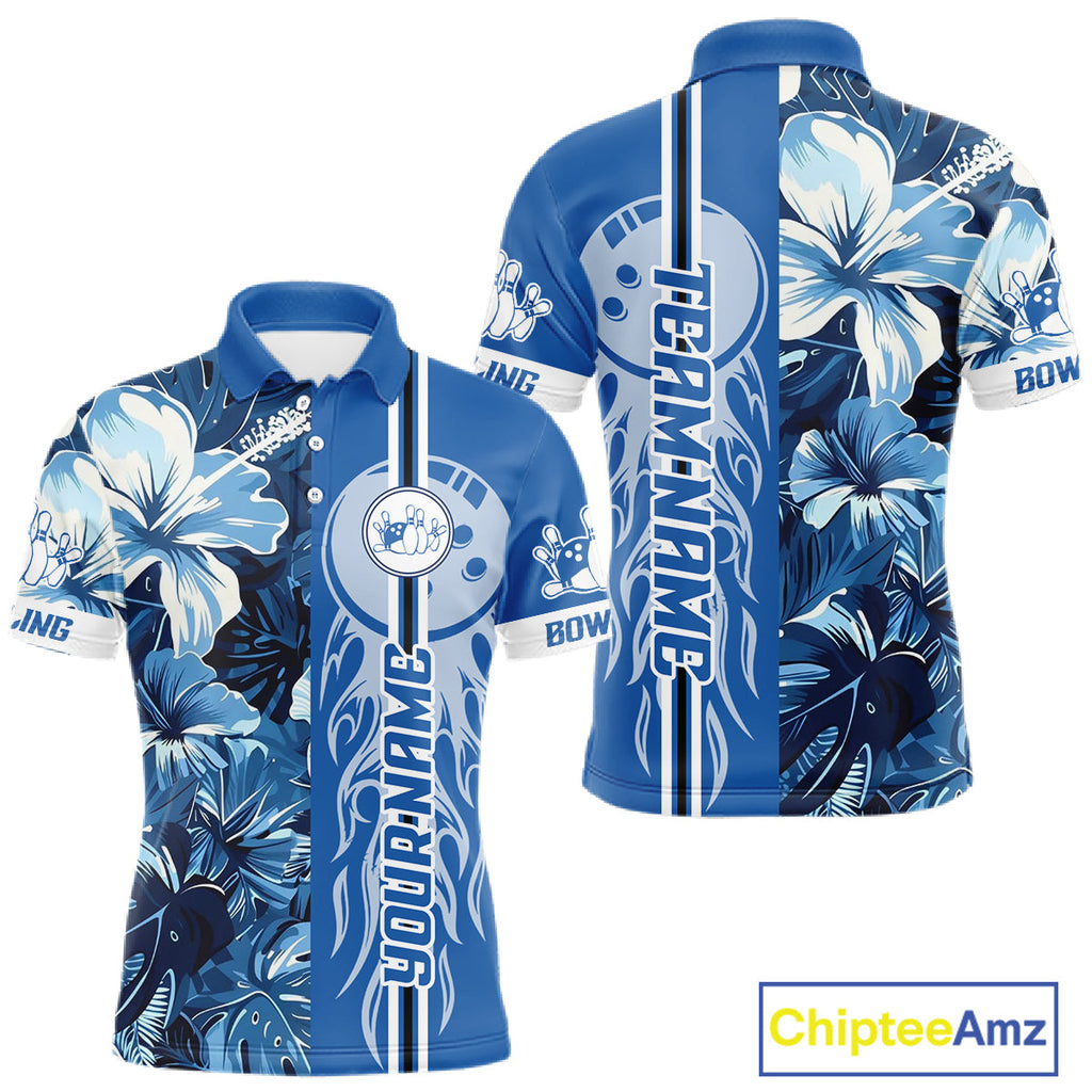 Blue tropical flower Flame Bowling Polo, Quarter Zip Shirts Custom Bowler Gift Bowling Team