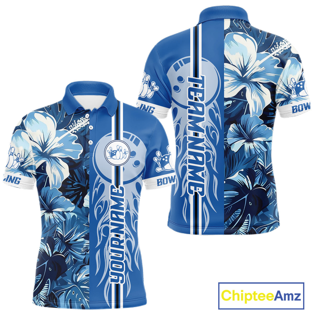 Blue tropical flower Flame Bowling Polo, Quarter Zip Shirts Custom Bowler Gift Bowling Team