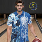 Blue tropical flower Flame Bowling Polo, Quarter Zip Shirts Custom Bowler Gift Bowling Team