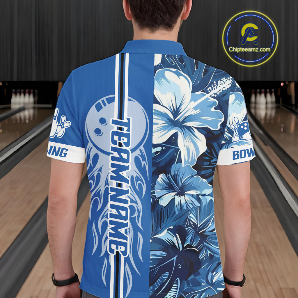 Blue tropical flower Flame Bowling Polo, Quarter Zip Shirts Custom Bowler Gift Bowling Team