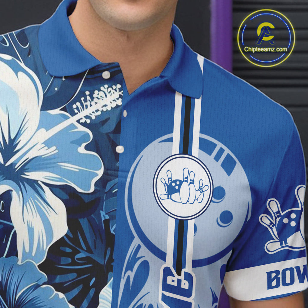 Blue tropical flower Flame Bowling Polo, Quarter Zip Shirts Custom Bowler Gift Bowling Team