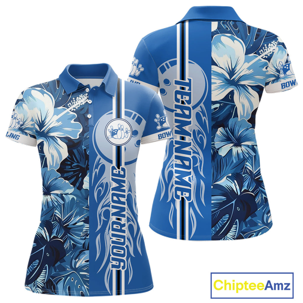 Blue tropical flower Flame Bowling Polo, Quarter Zip Shirts Custom Bowler Gift Bowling Team