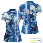 Blue tropical flower Flame Bowling Polo, Quarter Zip Shirts Custom Bowler Gift Bowling Team