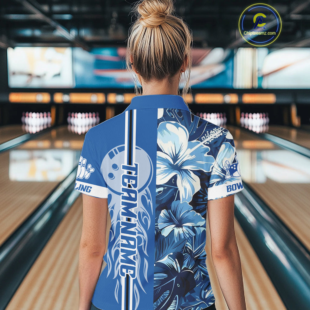 Blue tropical flower Flame Bowling Polo, Quarter Zip Shirts Custom Bowler Gift Bowling Team