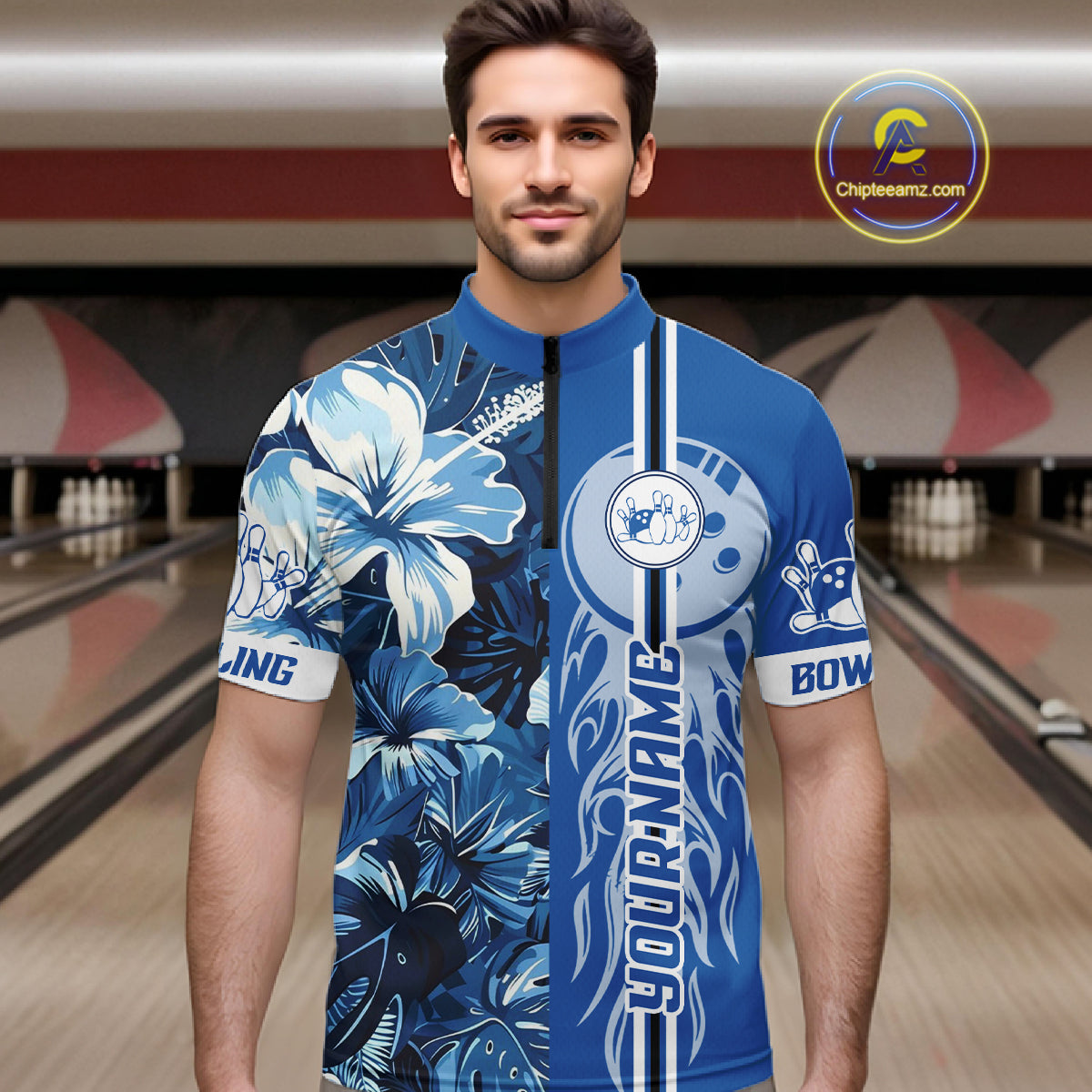 Blue tropical flower Flame Bowling Polo, Quarter Zip Shirts Custom Bowler Gift Bowling Team