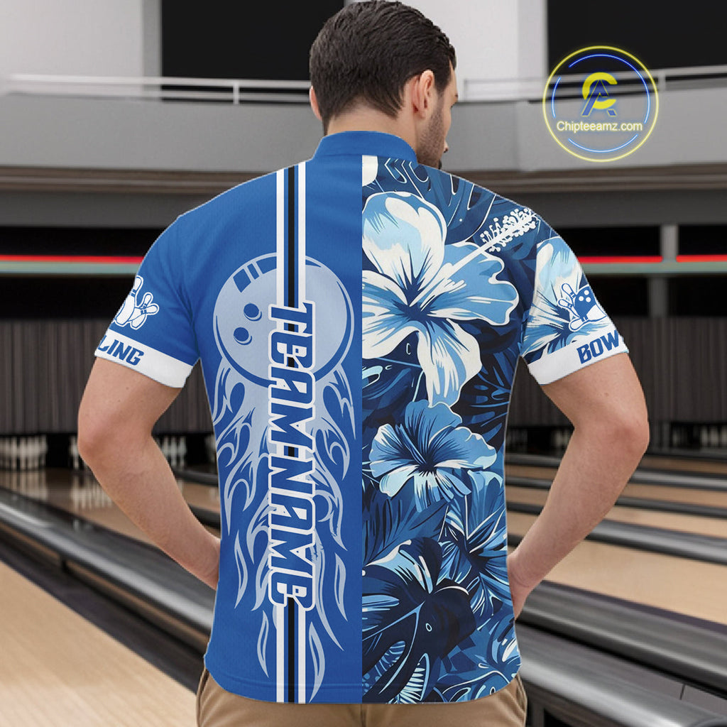 Blue tropical flower Flame Bowling Polo, Quarter Zip Shirts Custom Bowler Gift Bowling Team