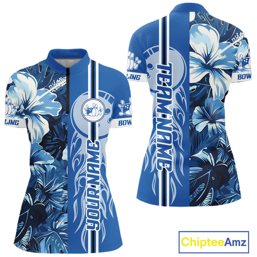 Blue tropical flower Flame Bowling Polo, Quarter Zip Shirts Custom Bowler Gift Bowling Team