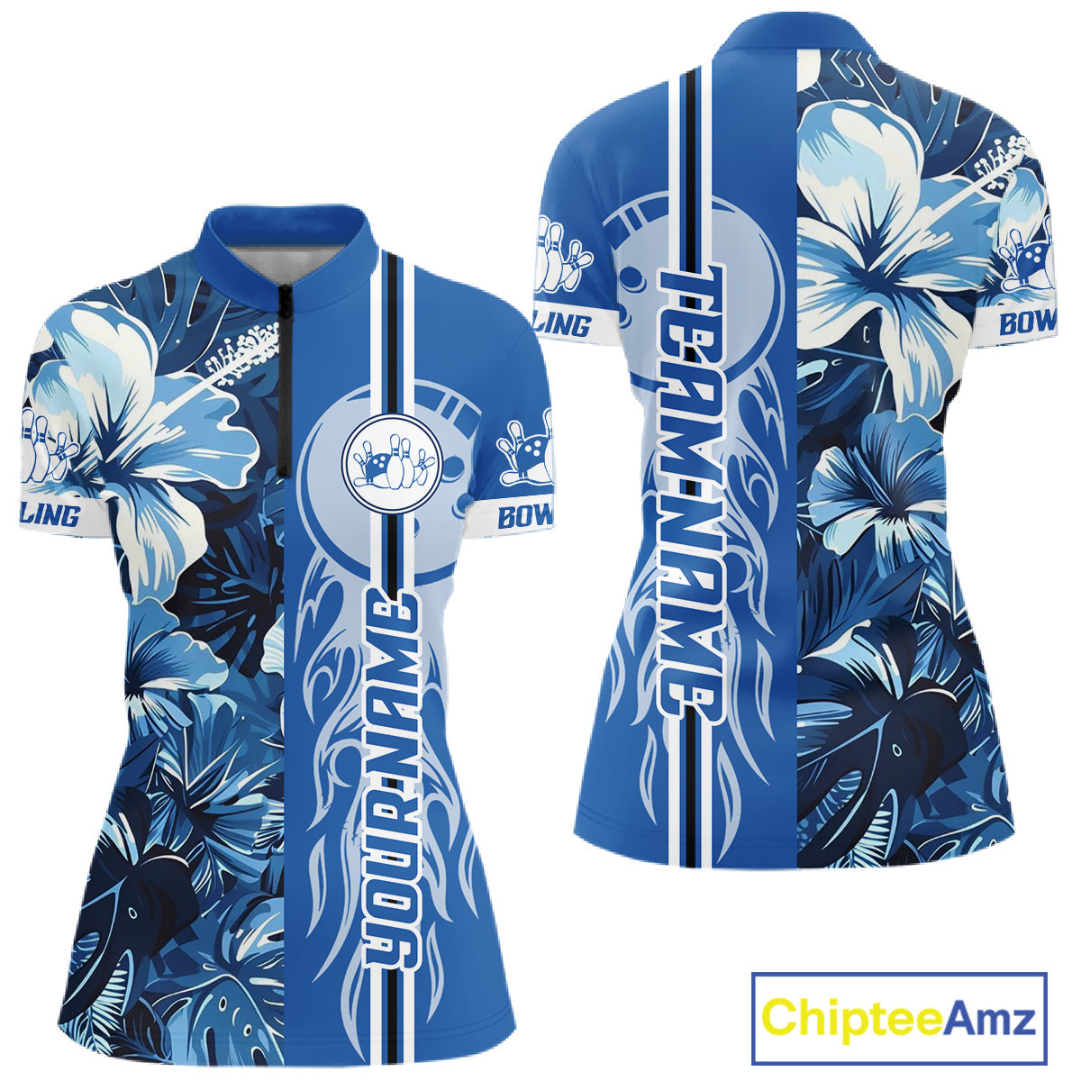 Blue tropical flower Flame Bowling Polo, Quarter Zip Shirts Custom Bowler Gift Bowling Team