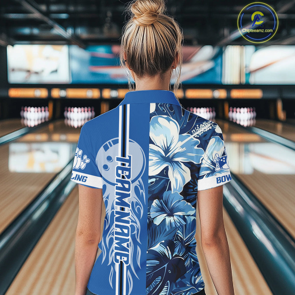Blue tropical flower Flame Bowling Polo, Quarter Zip Shirts Custom Bowler Gift Bowling Team
