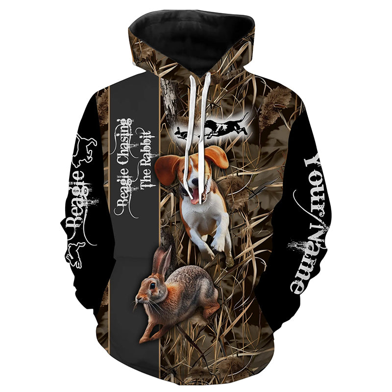 Beagle Dog Chasing the Rabbit Camo Custom Name Shirts, Rabbit Hunting Clothing
