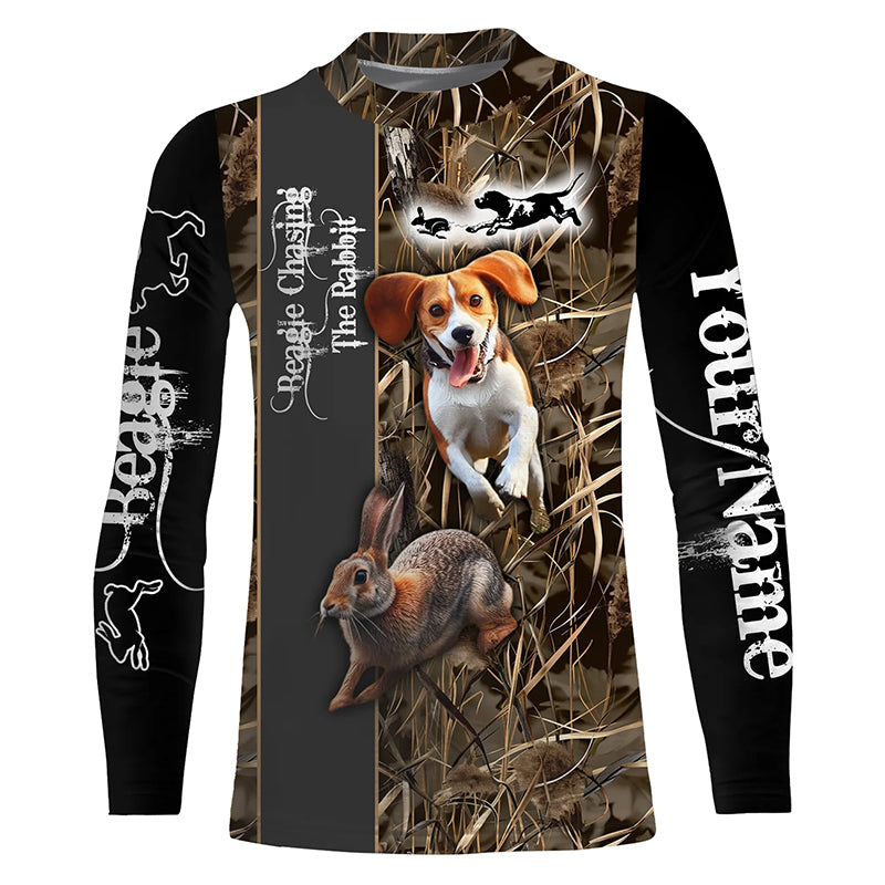 Beagle Dog Chasing the Rabbit Camo Custom Name Shirts, Rabbit Hunting Clothing