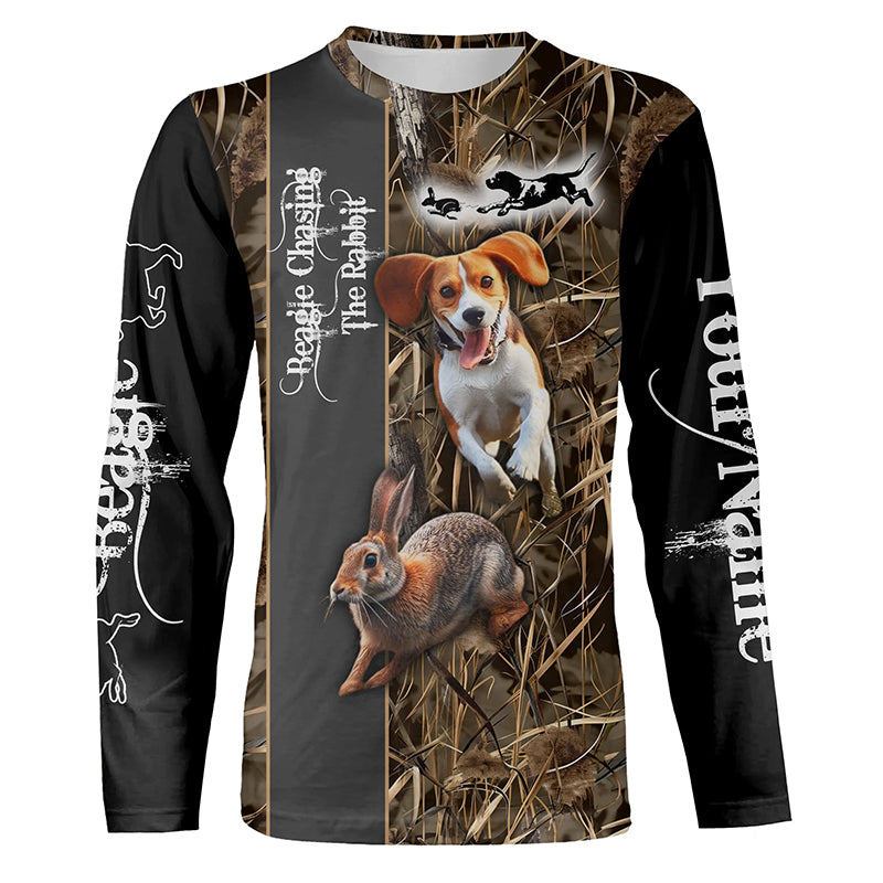 Beagle Dog Chasing the Rabbit Camo Custom Name Shirts, Rabbit Hunting Clothing