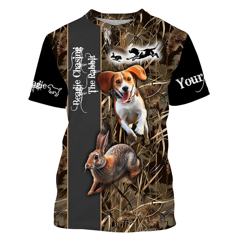 Beagle Dog Chasing the Rabbit Camo Custom Name Shirts, Rabbit Hunting Clothing