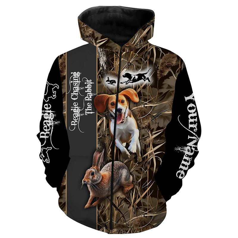Beagle Dog Chasing the Rabbit Camo Custom Name Shirts, Rabbit Hunting Clothing