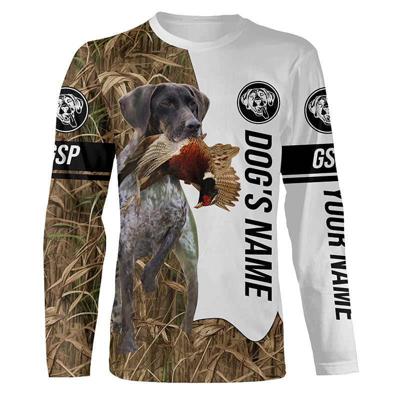 Pheasant Hunting with German Shorthaired Pointer Custom Name Camo Full Printing Shirts, GSP Dog Hunting Partner