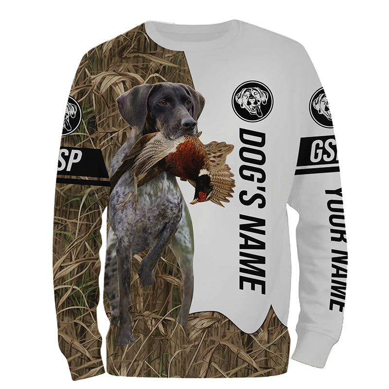 Pheasant Hunting with German Shorthaired Pointer Custom Name Camo Full Printing Shirts, GSP Dog Hunting Partner