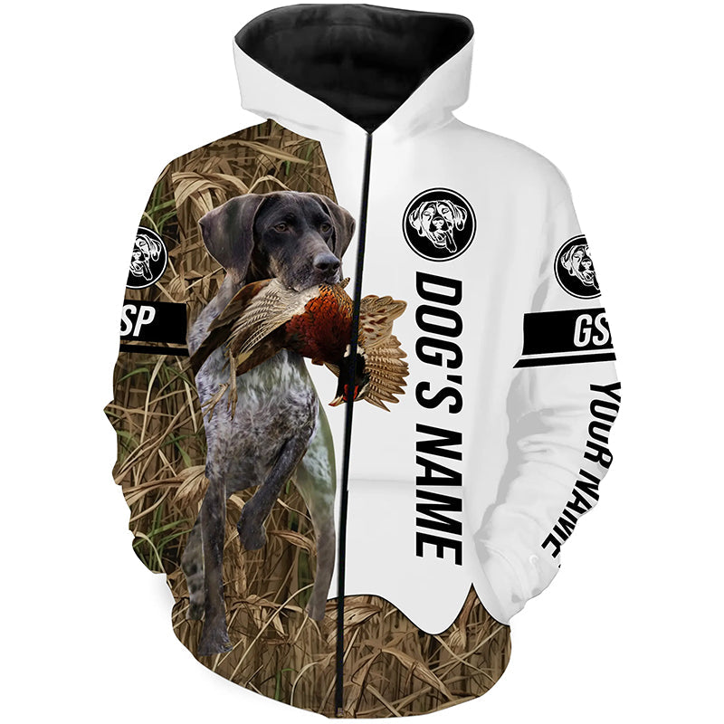 Pheasant Hunting with German Shorthaired Pointer Custom Name Camo Full Printing Shirts, GSP Dog Hunting Partner