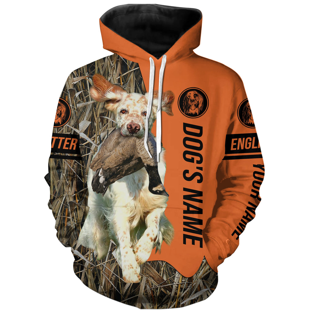 English Setter (orange and white) Hunting Dog Customized Name Shirts for Hunters, Bird Hunting