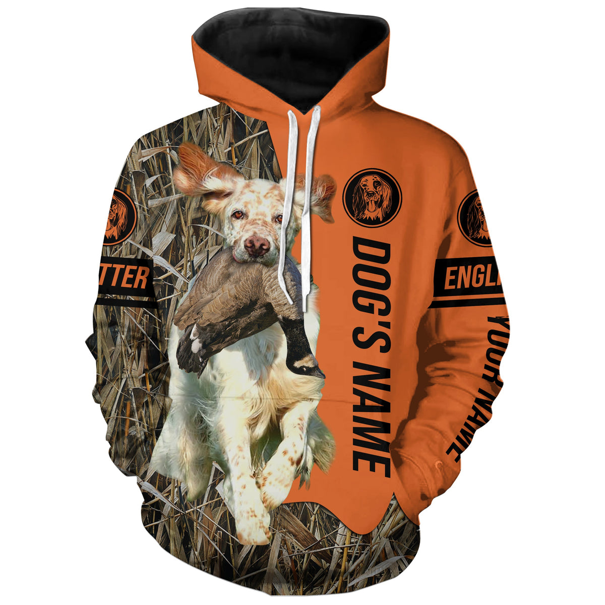 English Setter (orange and white) Hunting Dog Customized Name Shirts for Hunters, Bird Hunting