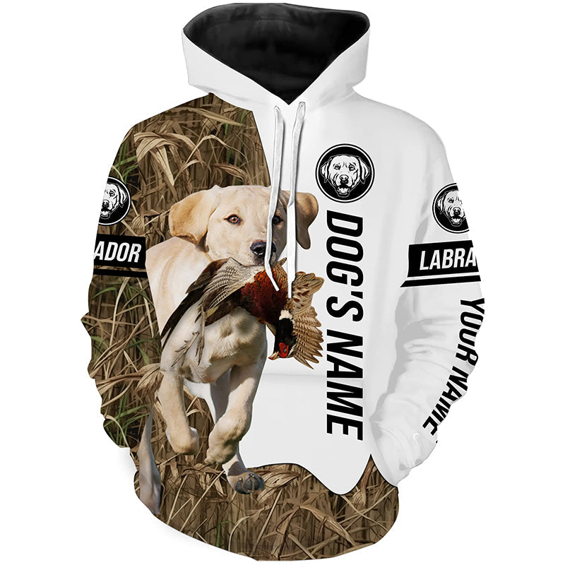 Pheasant Hunting with Yellow Labrador Retriever Custom Name Camo Full Printing Shirts, Hoodie
