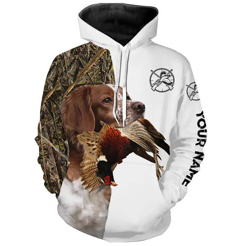 Pheasant Hunting With Dog Brittany Spaniel Custom Name All Over Printed Shirts - Personalized Hunting Gifts