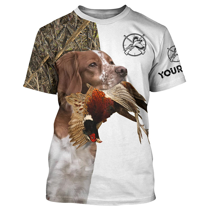 Pheasant Hunting With Dog Brittany Spaniel Custom Name All Over Printed Shirts - Personalized Hunting Gifts