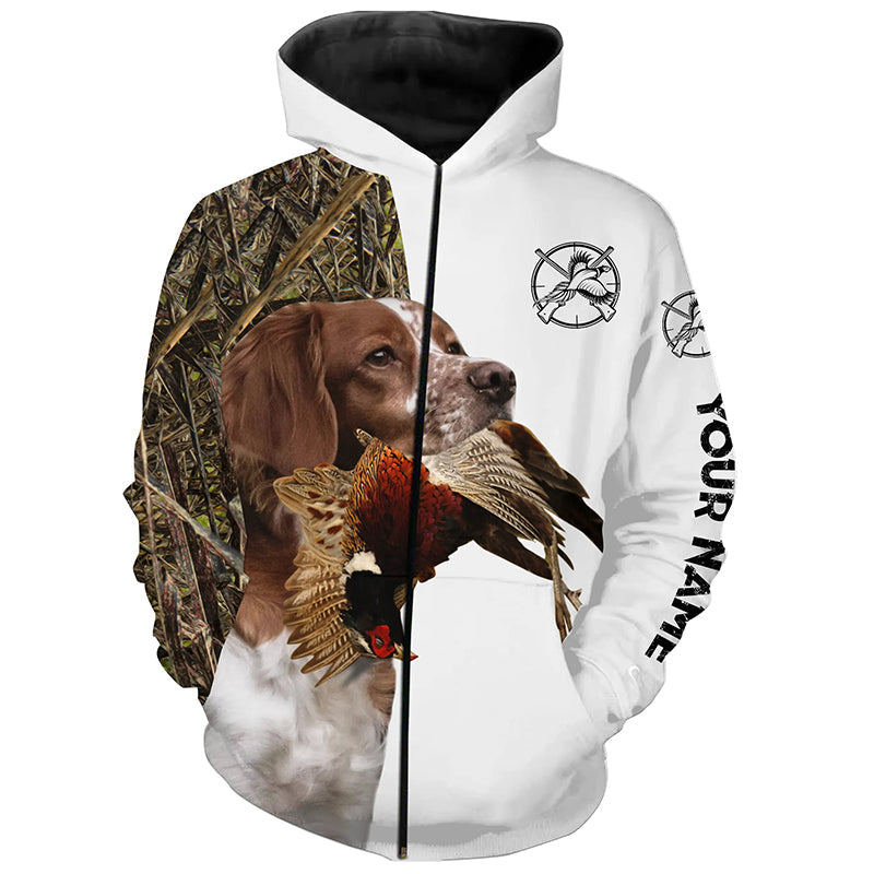 Pheasant Hunting With Dog Brittany Spaniel Custom Name All Over Printed Shirts - Personalized Hunting Gifts